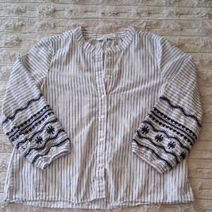 Madewell White and Navy Striped Embroidered Button-Front Blouse